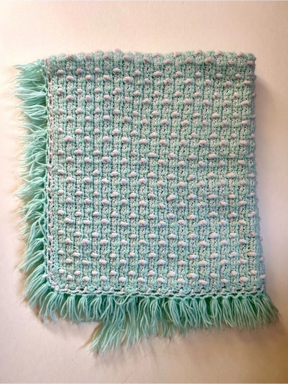 Vintage Handmade Textured Aqua Mint & White Fringe Baby or Lap Blanket